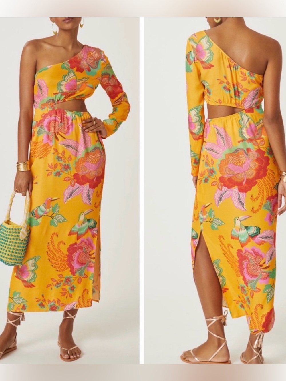 FARM Rio Mustard Yellow One-Shoulder Floral Maxi Skirt